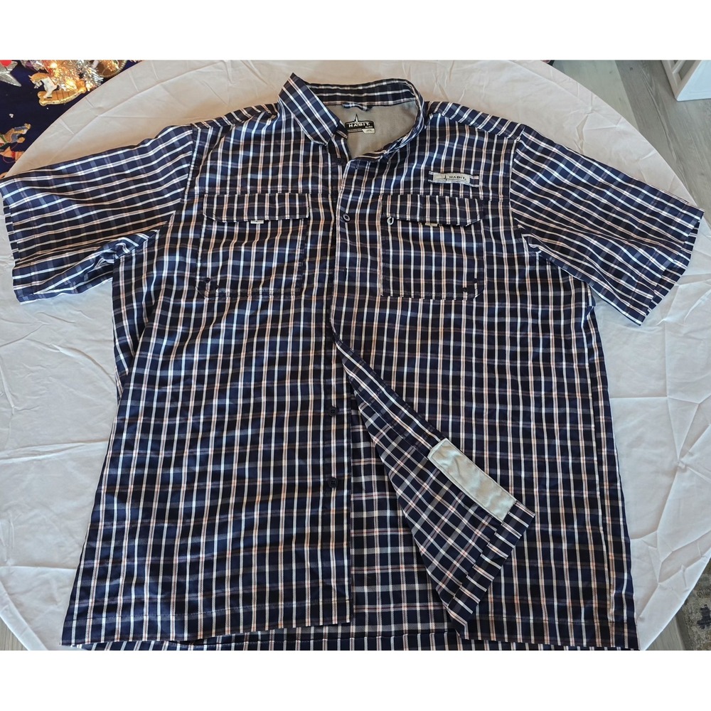 Habit Fishing Shirt Short Sleeve Blue White Plaid Men's Size XL/XG